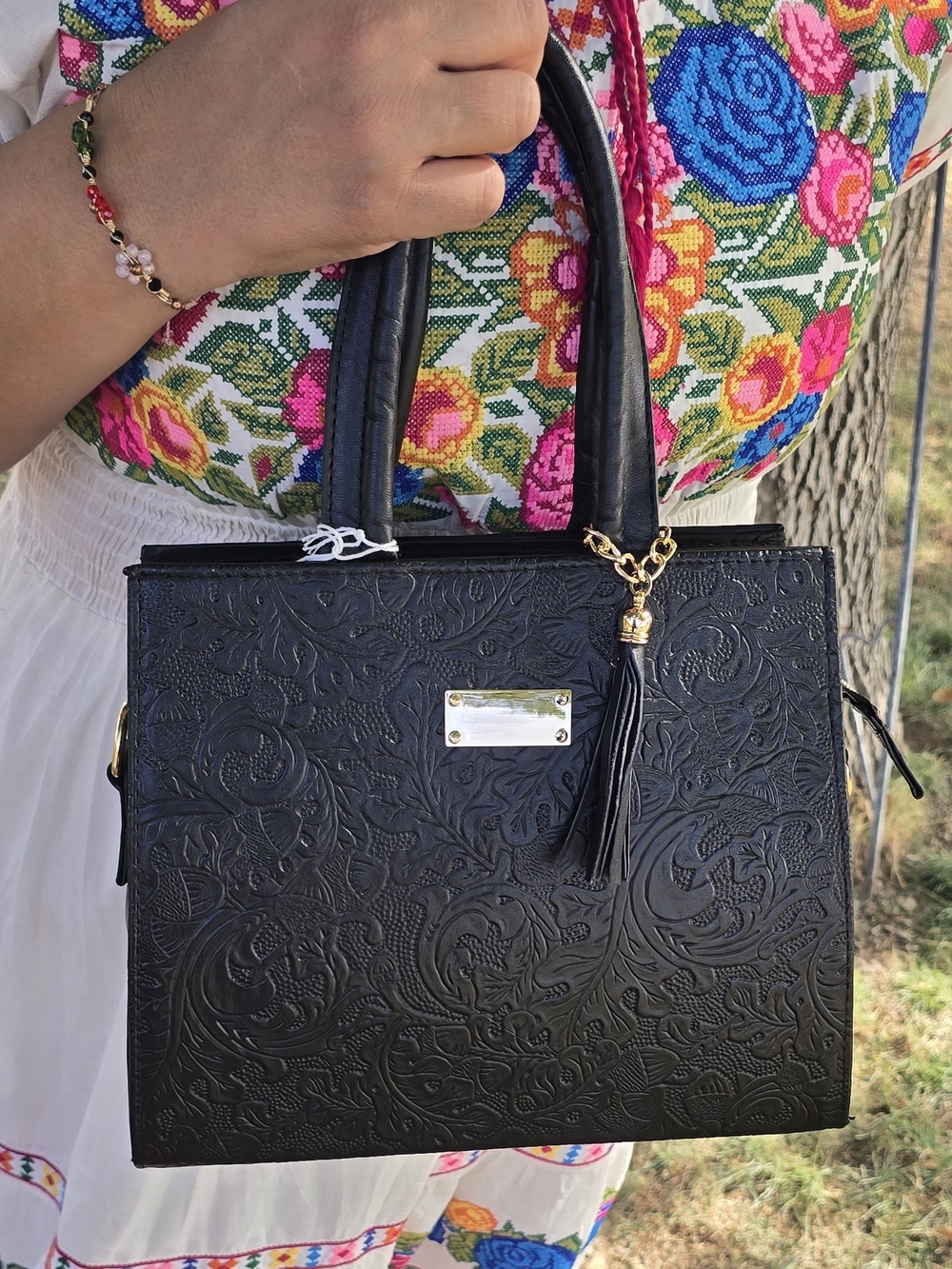 Black Embossed Satchel with Tassel Accent